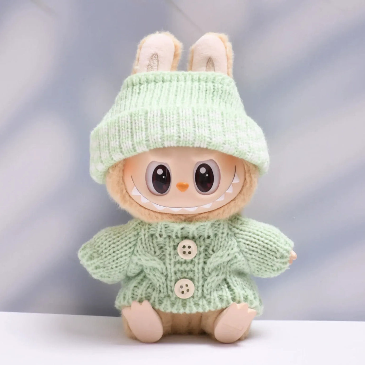 Green mint button sweater with green mint dotted wool hat for Labubu v2 (POP MART THE MONSTERS Have a Seat Series Vinyl Plush Toys)