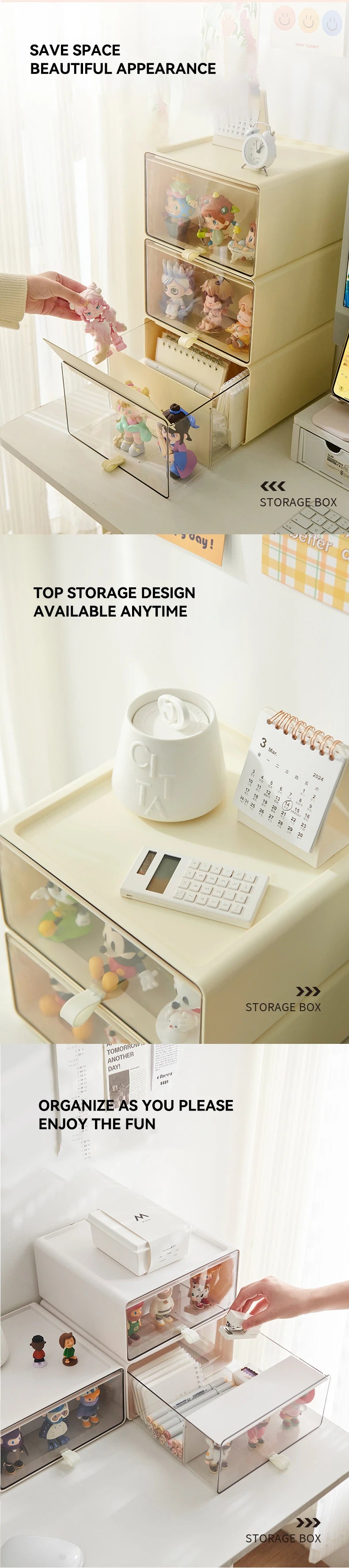 Person organizing mini figures inside a cream-colored drawer-style storage box with clear front