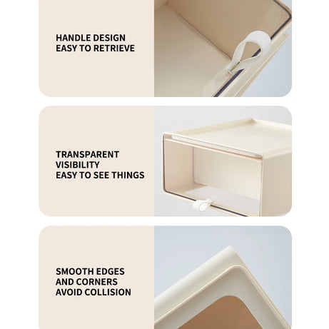 Close-up images showing drawer handle, transparent front panel, and smooth edges of collectible storage drawer