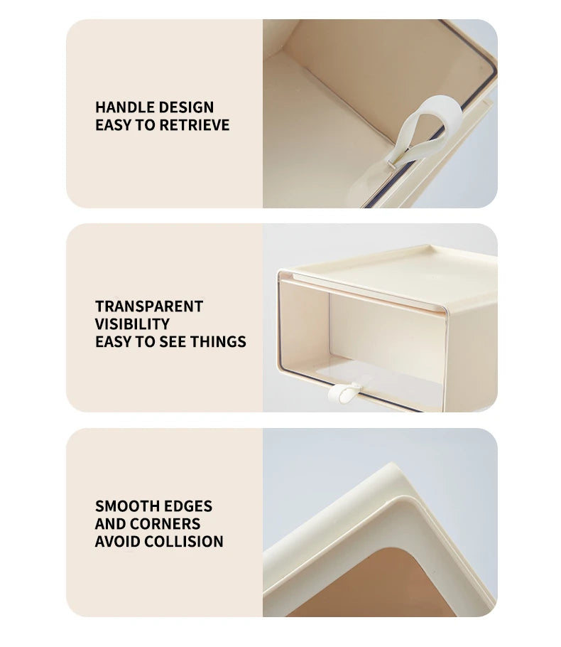 Close-up images showing drawer handle, transparent front panel, and smooth edges of collectible storage drawer