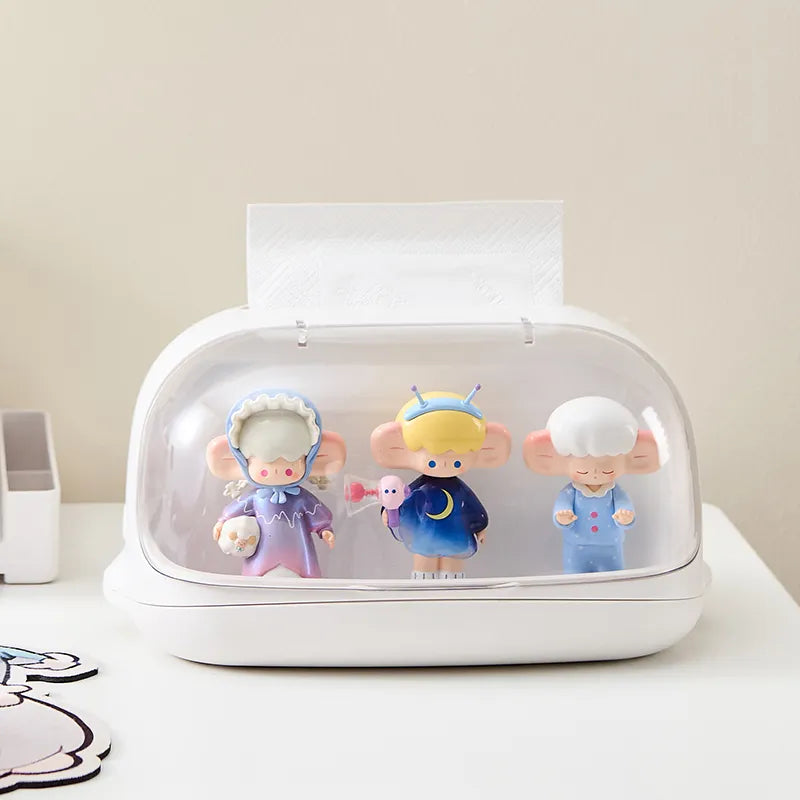 Kawaii tissue case box decorated with colorful mini figures for a playful look.