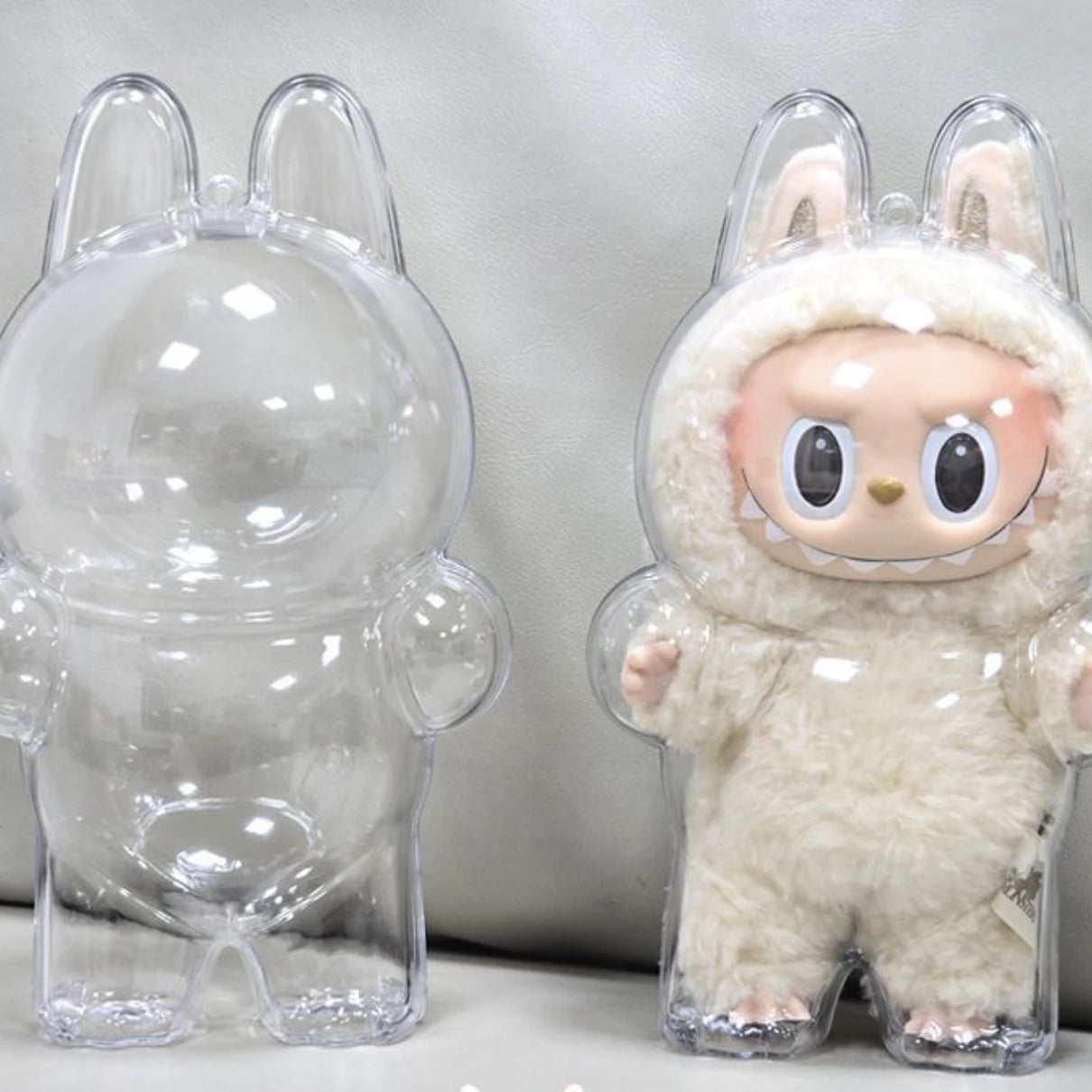 "Protective display case for Pop Mart Exciting Macaron Vinyl Face Blind Box (Labubu v1) – Stylish and durable PC cover for standing Labubu figures, created by FigPalace for collectors."