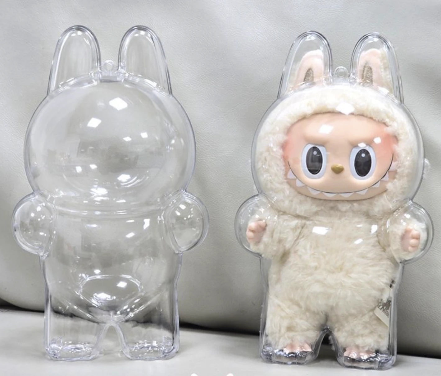 "Protective display case for Pop Mart Exciting Macaron Vinyl Face Blind Box (Labubu v1) – Stylish and durable PC cover for standing Labubu figures, created by FigPalace for collectors."