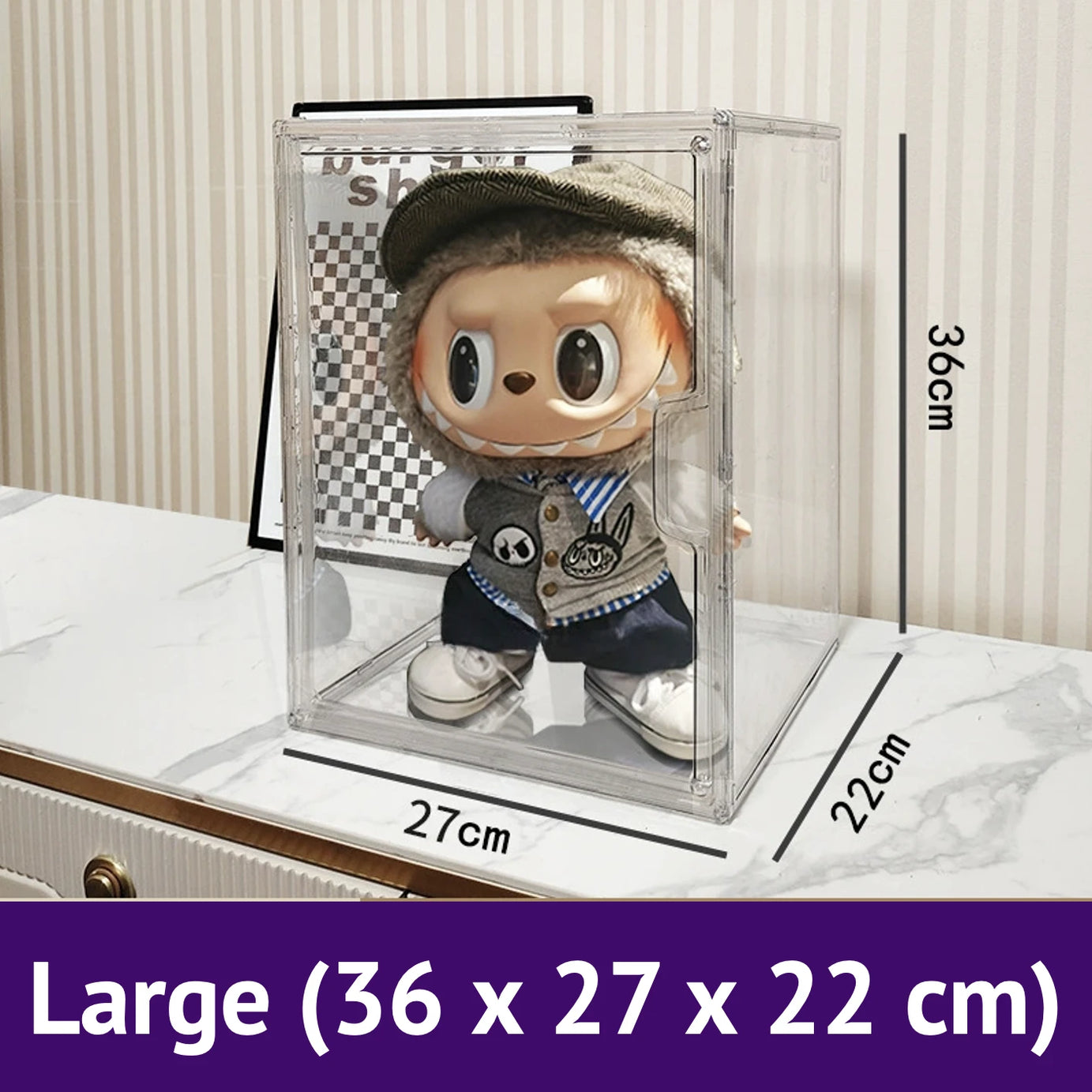An image of a large Clear Display Shelf with labubu inside, with a size of 36 x 27 x 22 cm, by FigPalace.