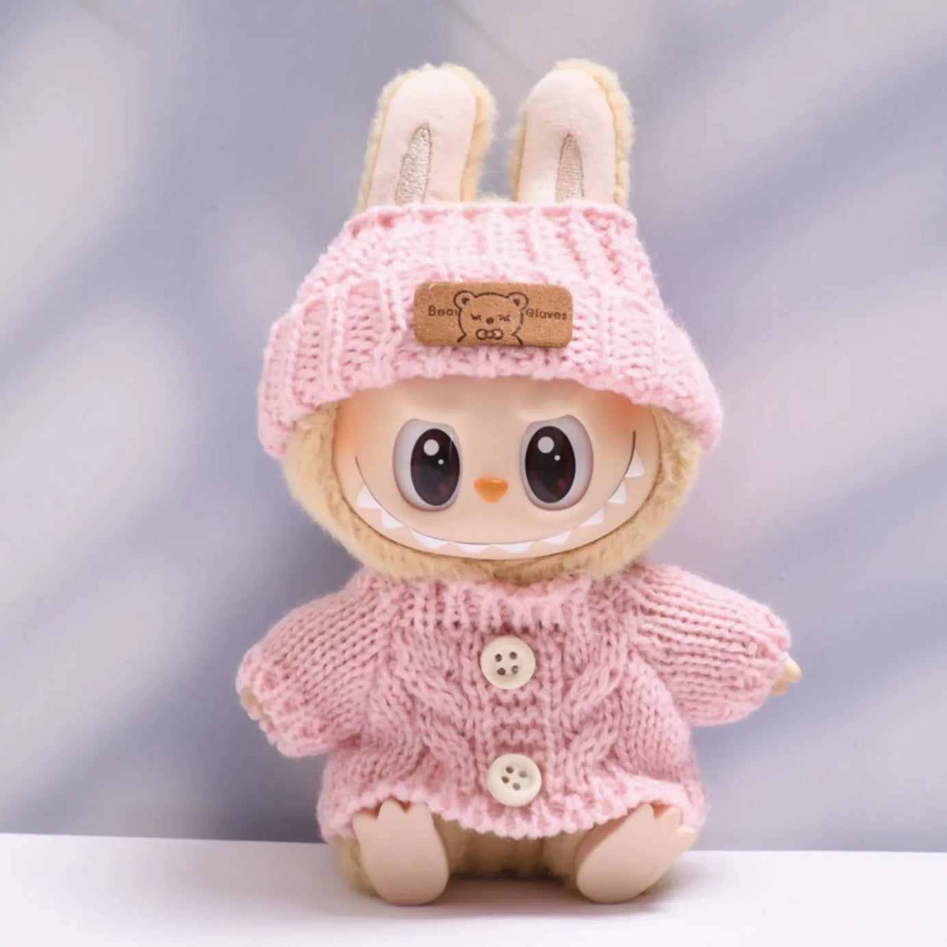 Light Pink button sweater with light pink bear wool hat for Labubu v2 (POP MART THE MONSTERS Have a Seat Series Vinyl Plush Toys)