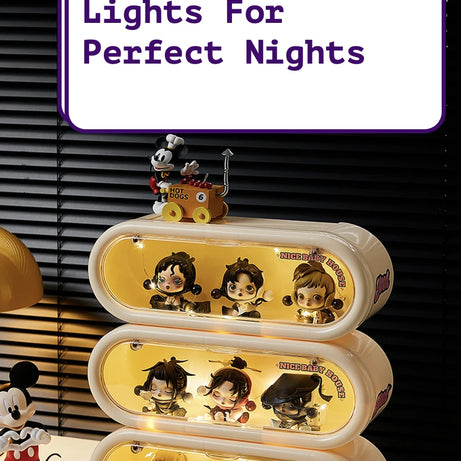 Creamy white oval display boxes with built-in LED lights for Pop Mart Skullpanda figures. Label reads ‘Lights For Perfect Nights.’