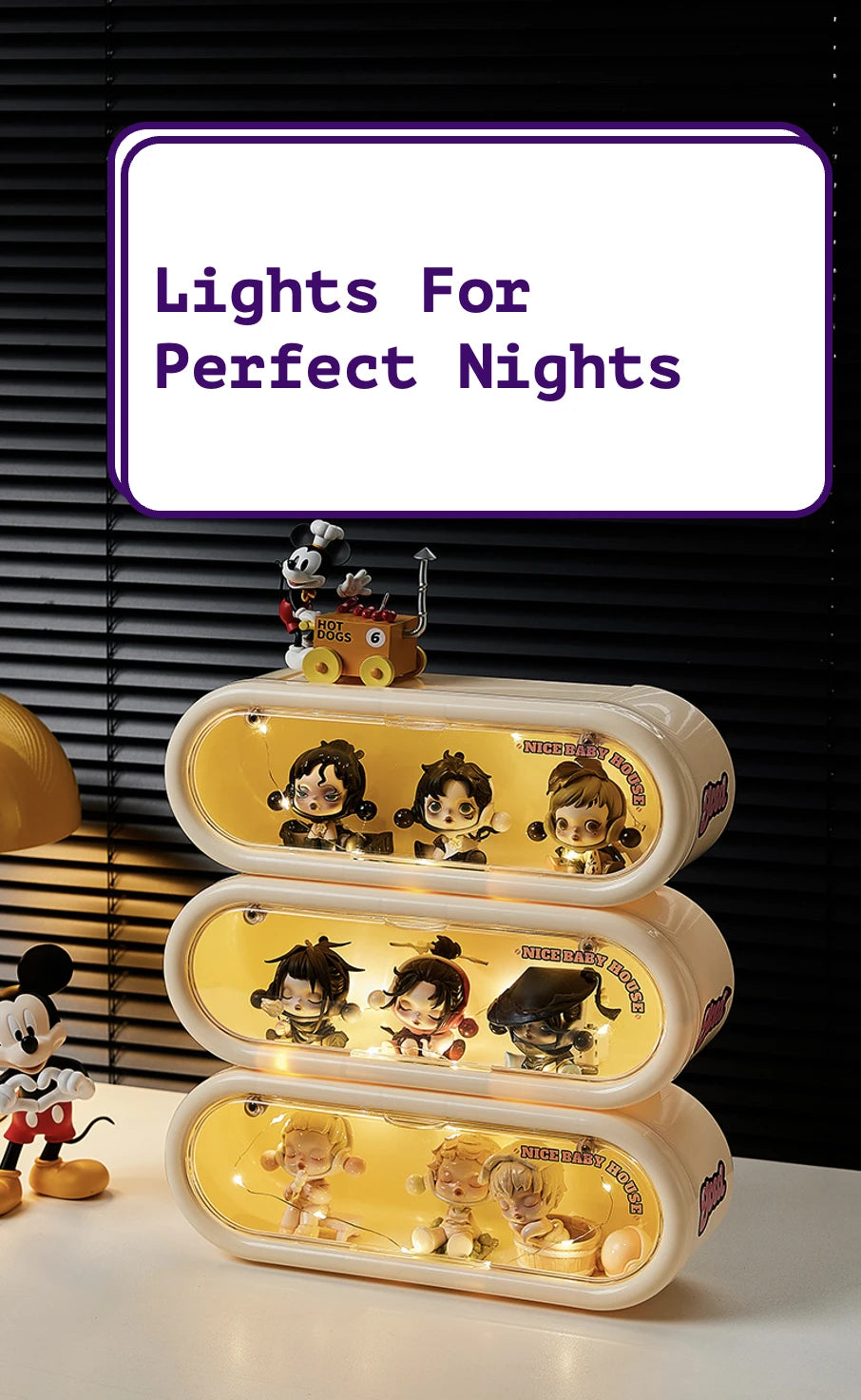 Creamy white oval display boxes with built-in LED lights for Pop Mart Skullpanda figures. Label reads ‘Lights For Perfect Nights.’