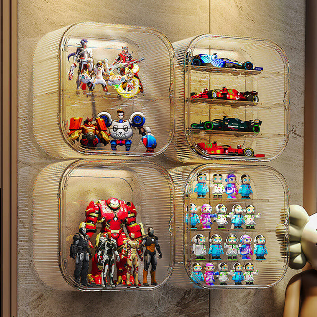 A 2x2 wall-mounted FigPalace display box set, showcasing a mix of collectibles such as action figures, racing cars, and astronaut figurines in a stylish and organized manner