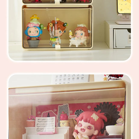 Stylish collectible figure storage drawers on a desk with toys arranged inside, ideal for POP MART and designer figures