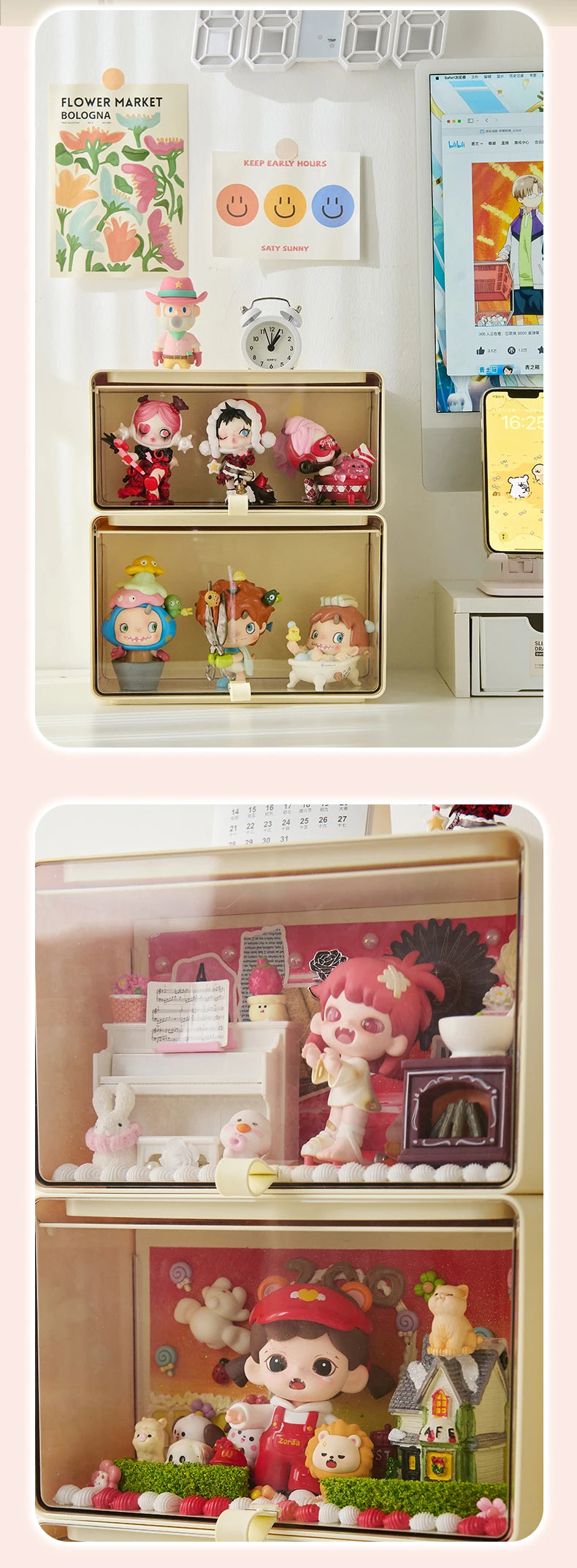 Stylish collectible figure storage drawers on a desk with toys arranged inside, ideal for POP MART and designer figures