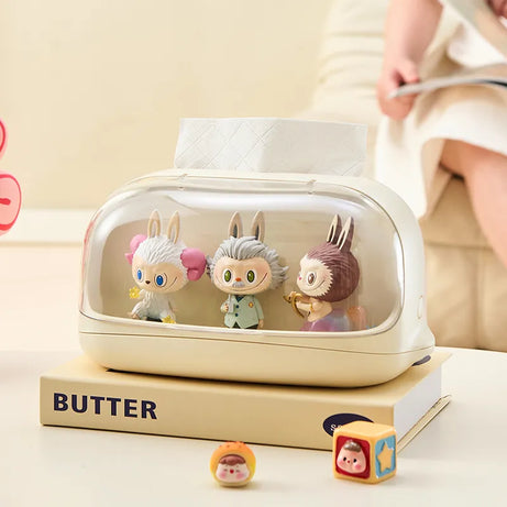 Tissue dispenser box case featuring collectible mini figures for fun desktop decor.