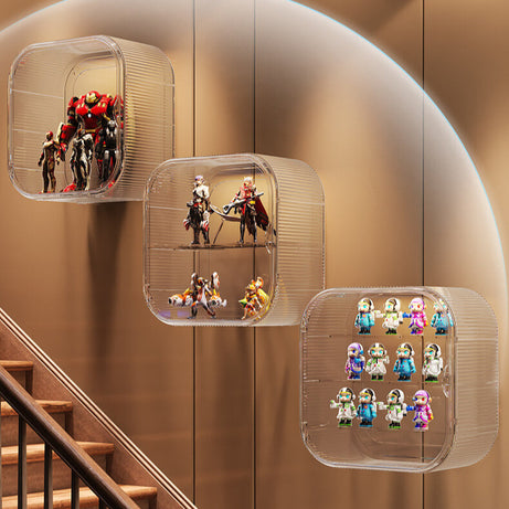 A wall-mounted FigPalace display set, featuring two transparent boxes with anime figures and racing cars, highlighting a clean and organized display area.