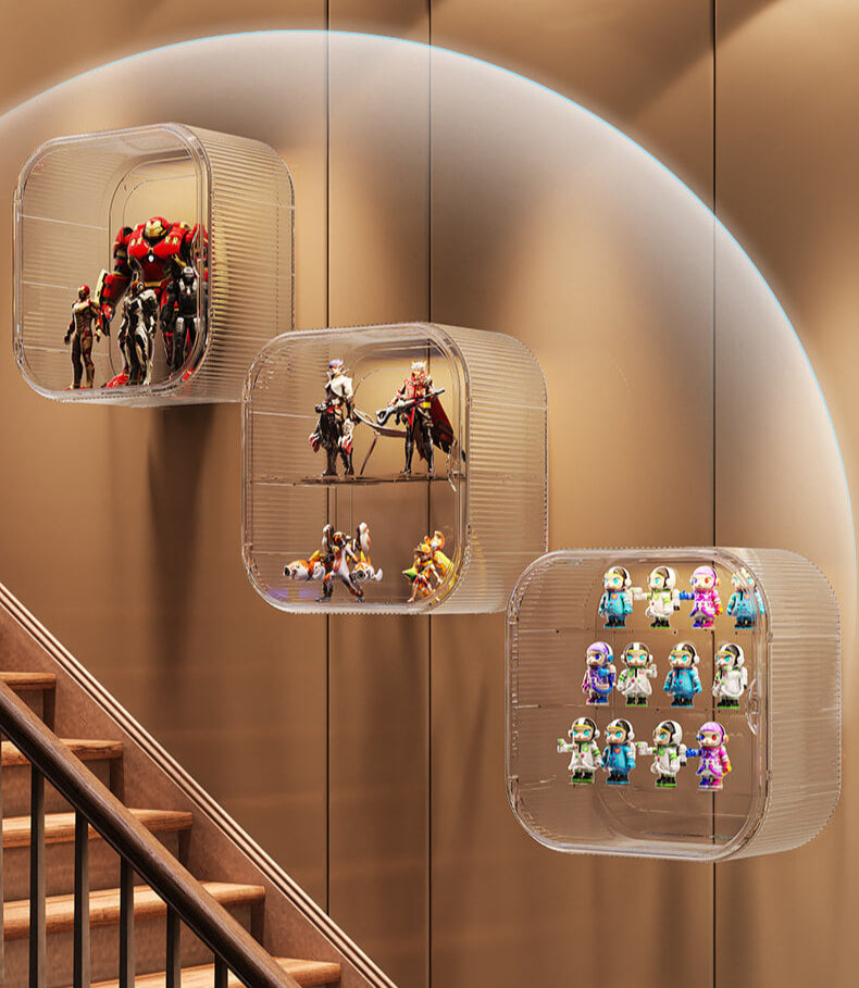 A wall-mounted FigPalace display set, featuring two transparent boxes with anime figures and racing cars, highlighting a clean and organized display area.