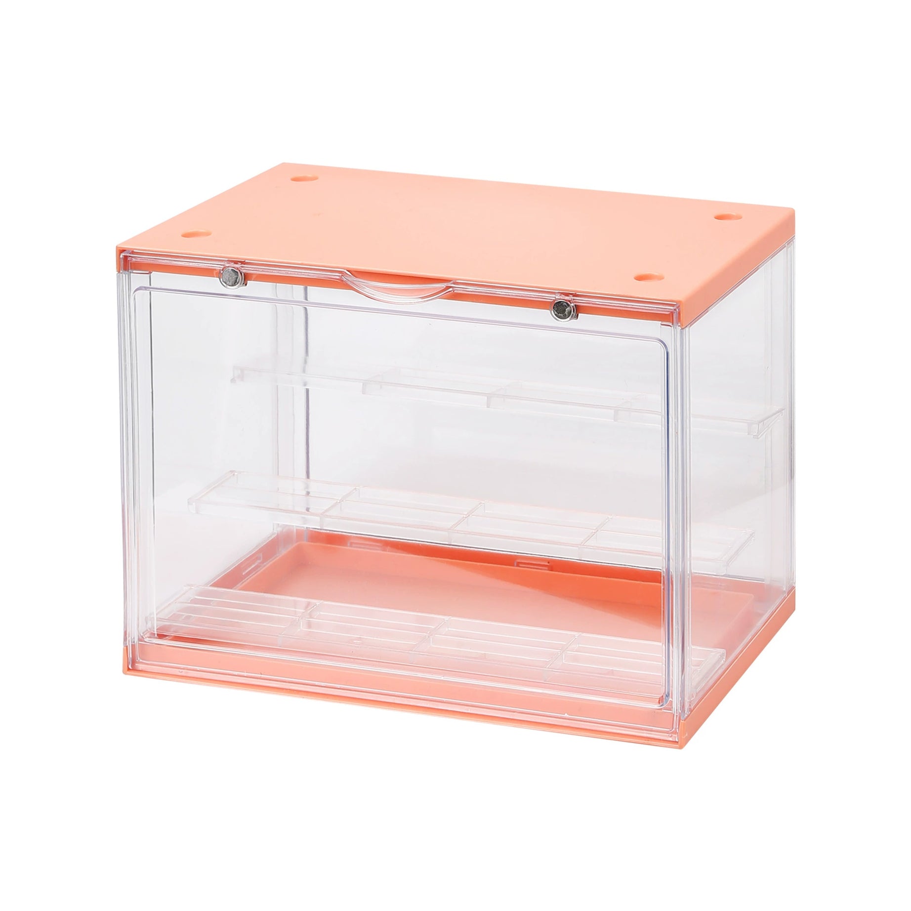 Orange display shelf from Fig Palace, perfect for figure display, with tiered and stackable designs. 