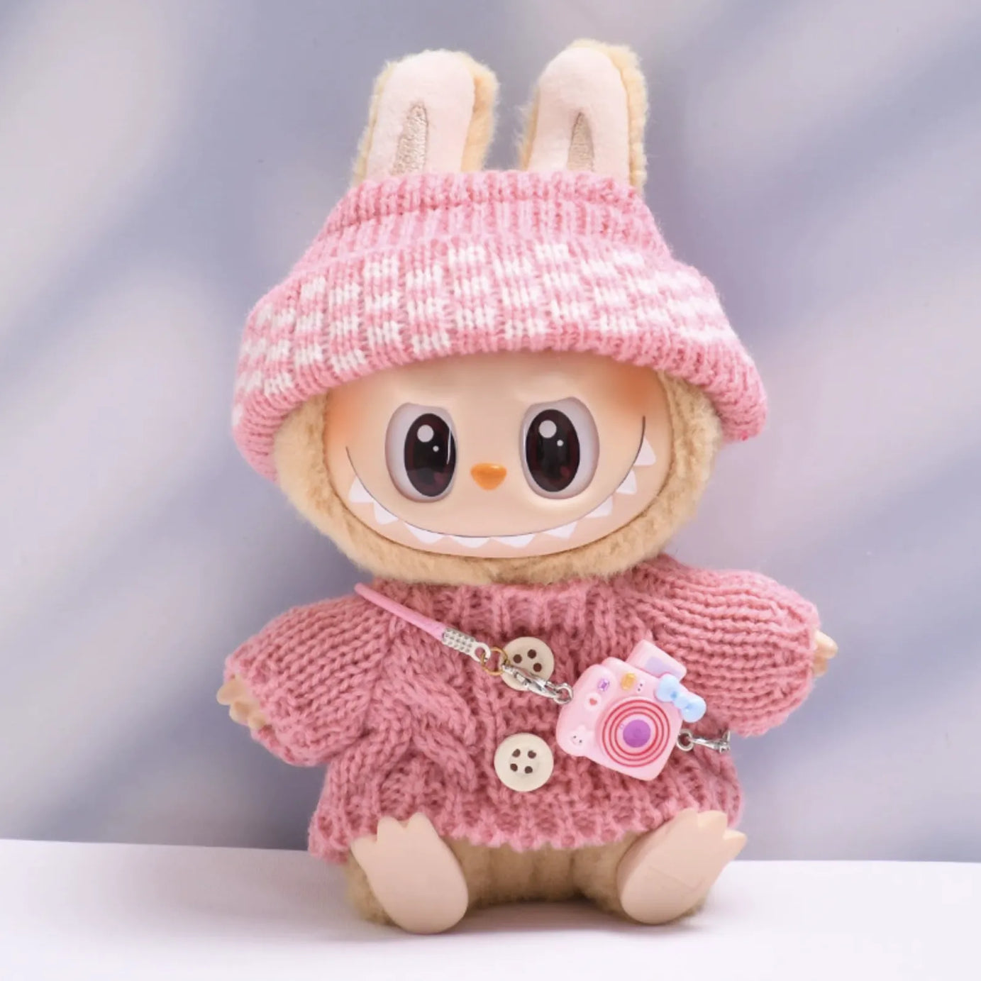 Pink button sweater with pink dotted wool hat and pink camera for Labubu v2 (POP MART THE MONSTERS Have a Seat Series Vinyl Plush Toys)