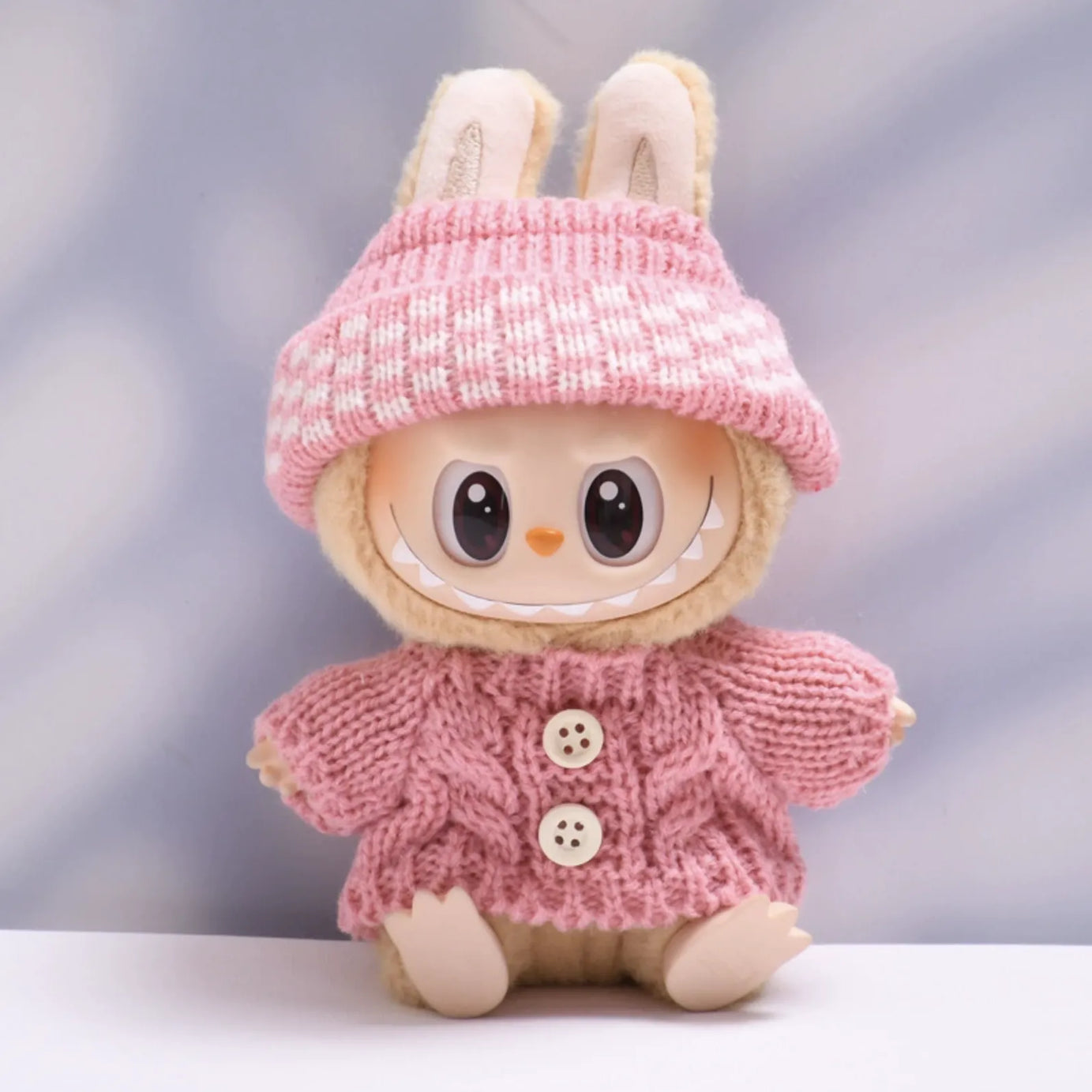 Pink button sweater with pink dotted wool hat for Labubu v2 (POP MART THE MONSTERS Have a Seat Series Vinyl Plush Toys)