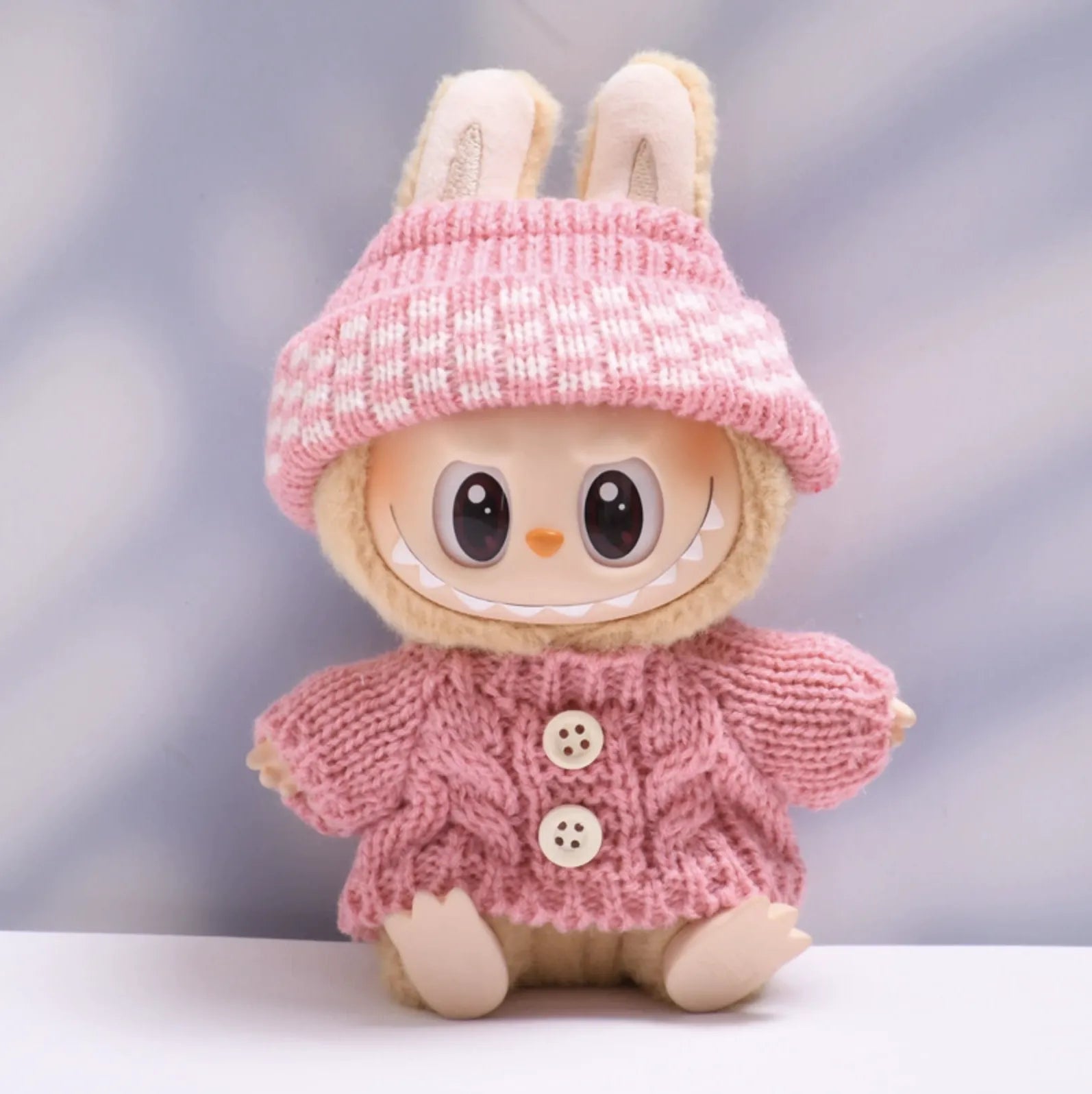 Pink button sweater with pink dotted wool hat for Labubu v2 (POP MART THE MONSTERS Have a Seat Series Vinyl Plush Toys)