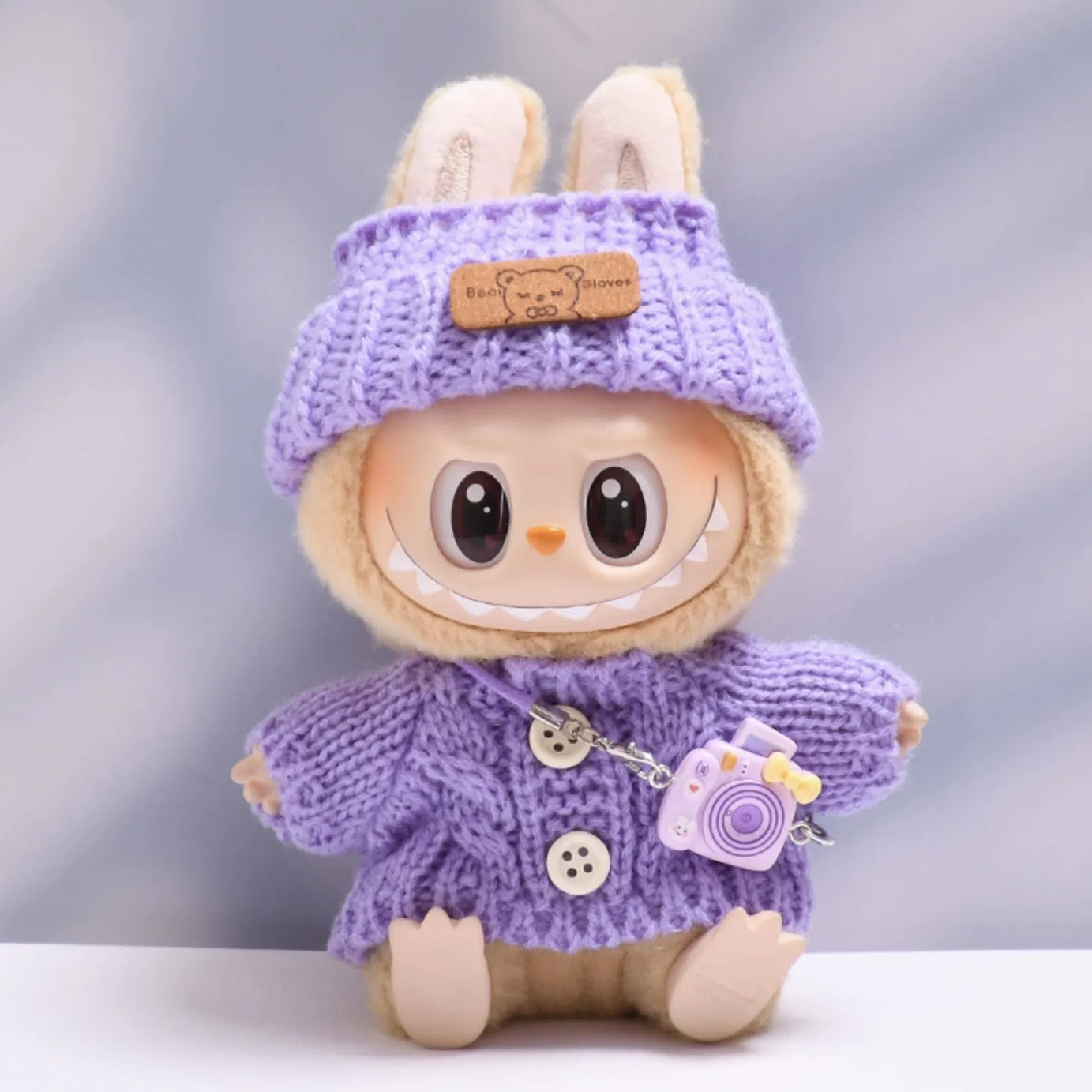 Purple button sweater with purple bear wool hat and purple camera for Labubu v2 (POP MART THE MONSTERS Have a Seat Series Vinyl Plush Toys)
