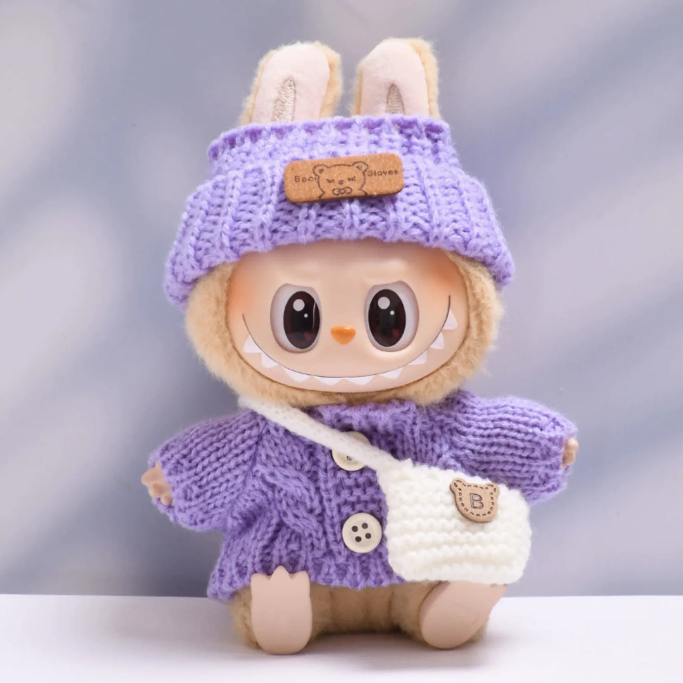 Purple button sweater with purle bear wool hat and white crossbody bag for Labubu v2 (POP MART THE MONSTERS Have a Seat Series Vinyl Plush Toys)