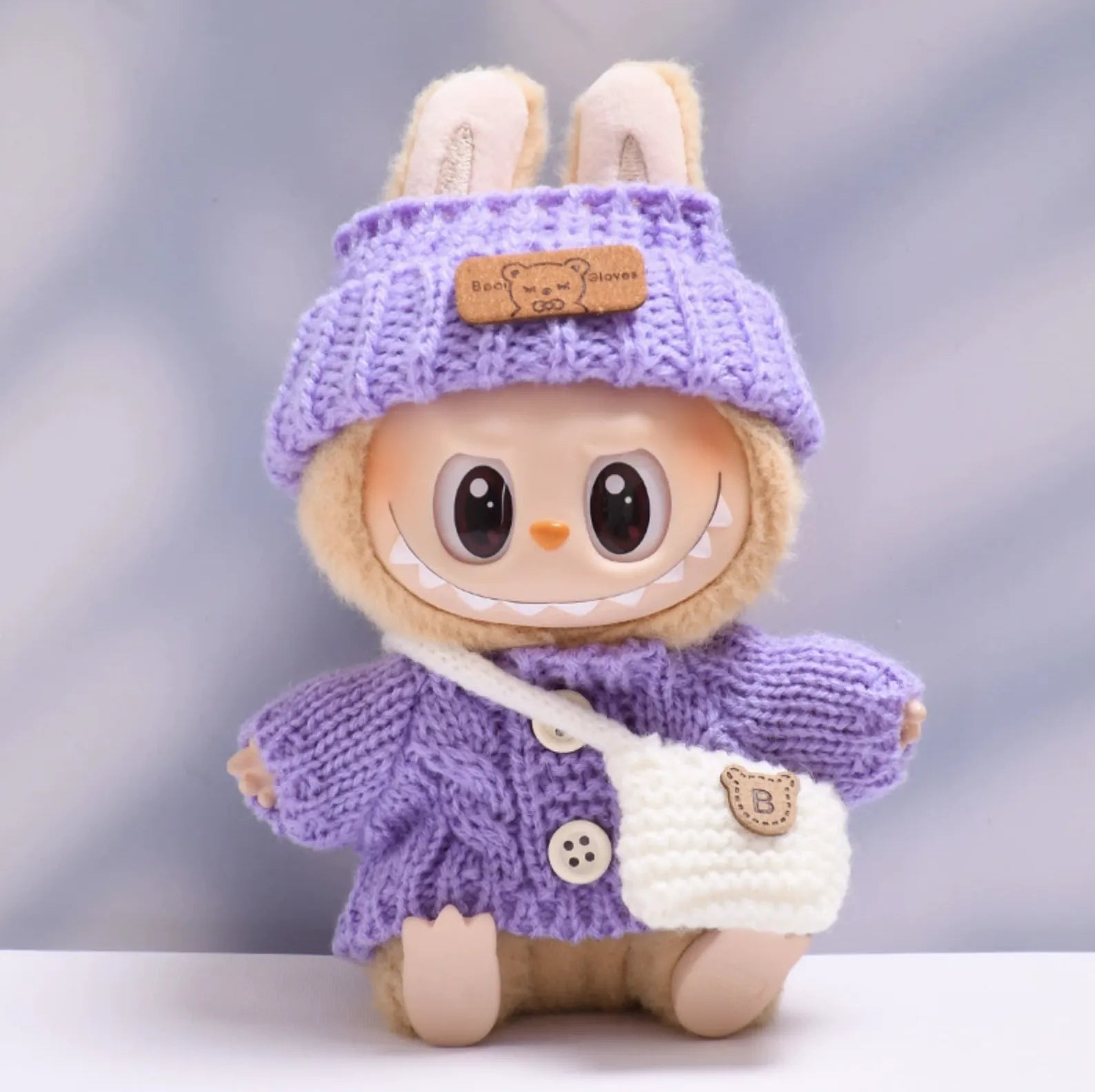 Purple button sweater with purle bear wool hat and white crossbody bag for Labubu v2 (POP MART THE MONSTERS Have a Seat Series Vinyl Plush Toys)