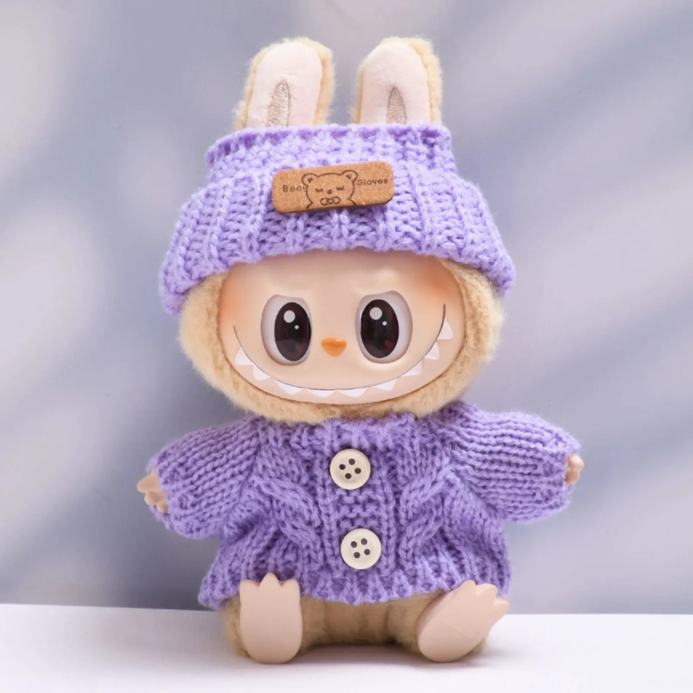 Purple button sweater with purple bear wool hat for Labubu v2 (POP MART THE MONSTERS Have a Seat Series Vinyl Plush Toys)