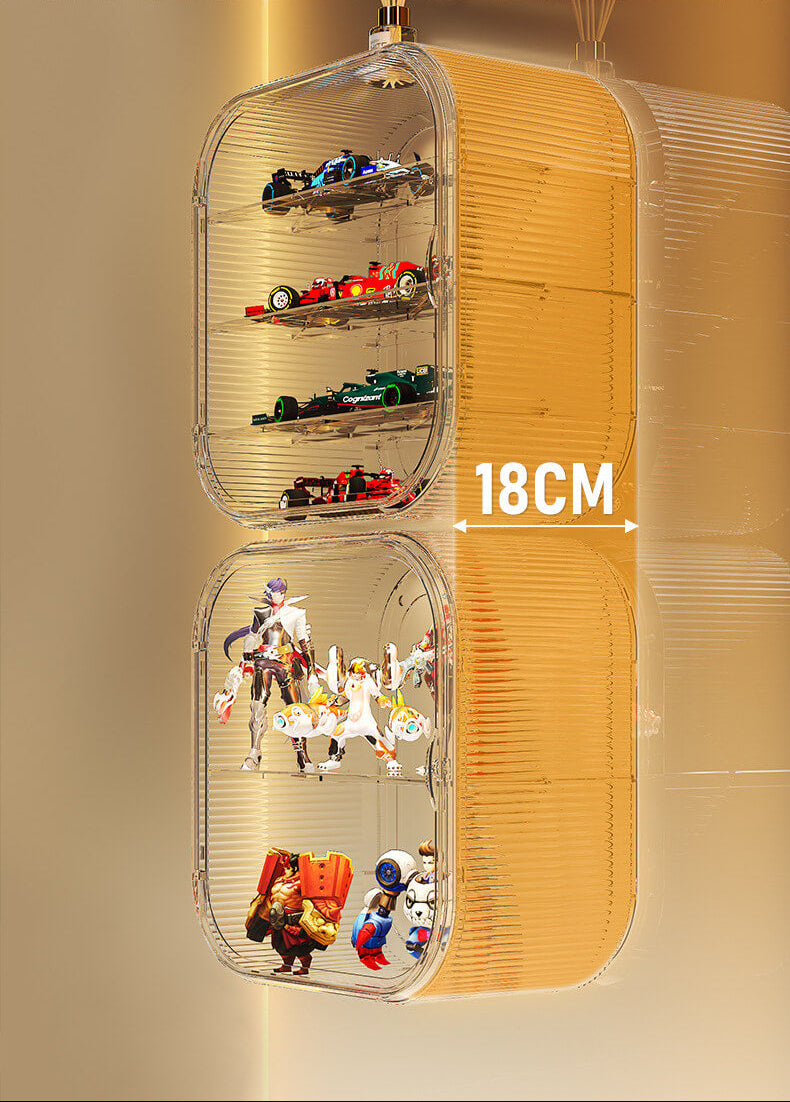 A collection of FigPalace transparent display boxes mounted on the wall, featuring collectibles like astronaut figurines and anime characters in multiple configurations.