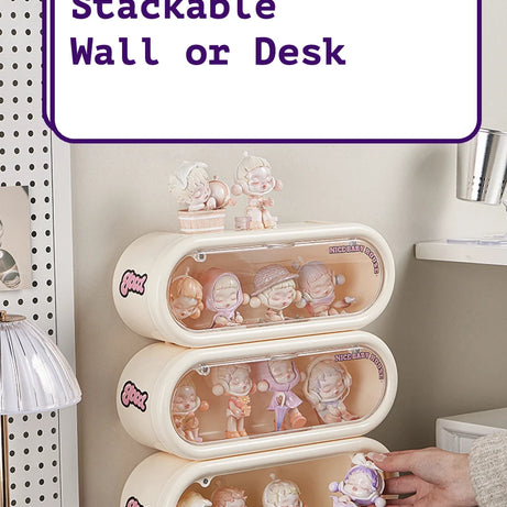 Three creamy white oval display cases stacked for Pop Mart Skullpanda The Warmth Series. Label reads ‘Stackable Wall or Desk.’