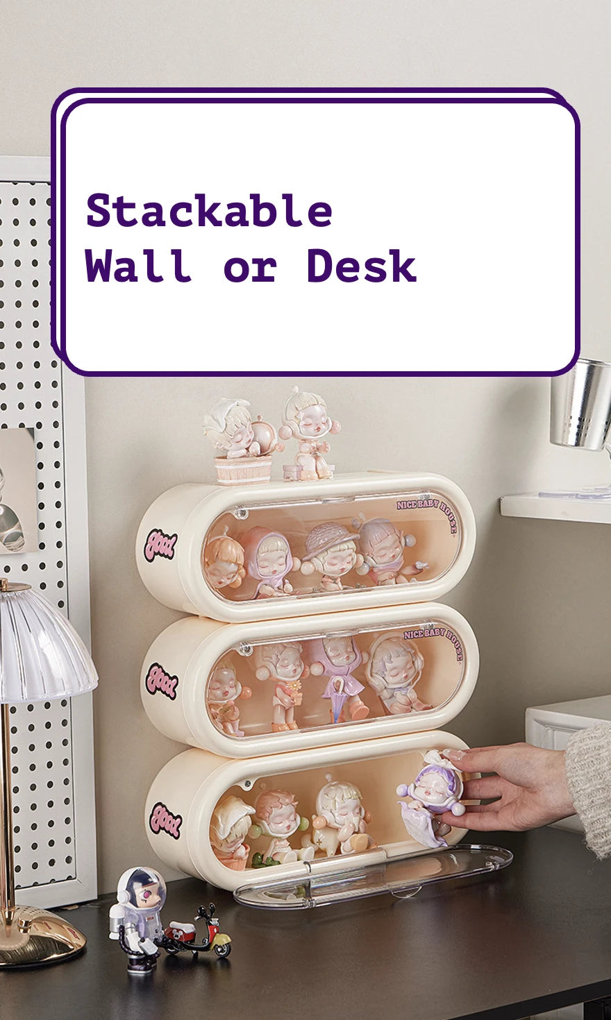 Three creamy white oval display cases stacked for Pop Mart Skullpanda The Warmth Series. Label reads ‘Stackable Wall or Desk.’