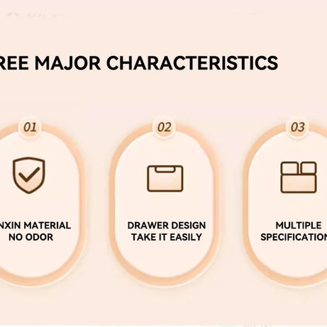 Visual icons showing main features of drawer storage box: odorless material, drawer access, and size variations