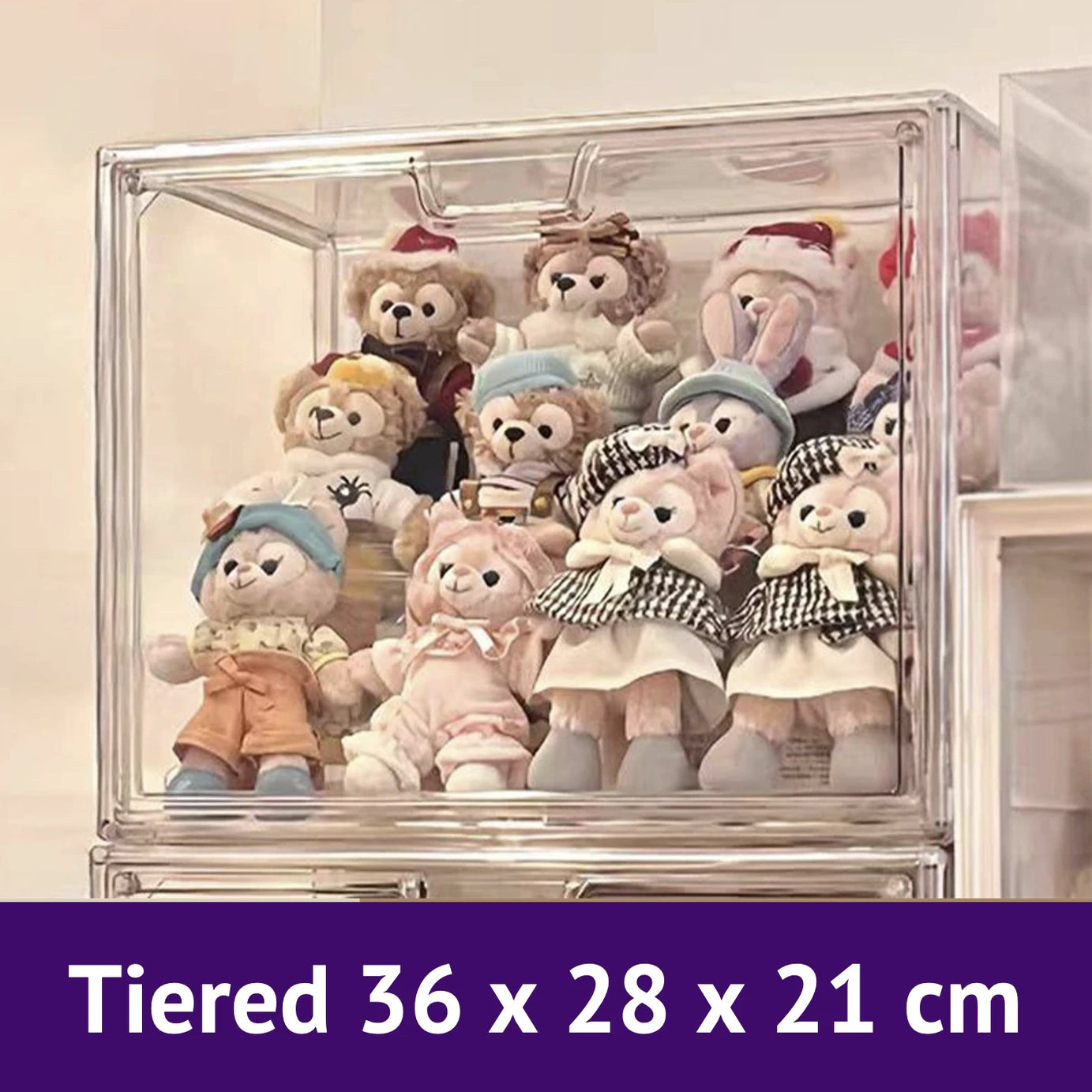 An image of a tiered Clear Display Shelf with plush toys inside, with a size of 36 x 28 x 21 cm, by FigPalace.