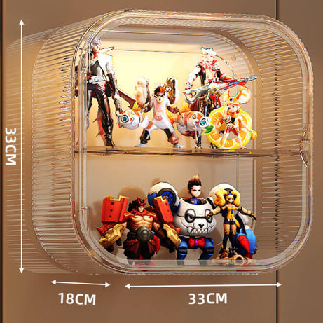 A transparent display box by FigPalace with two large tiers (Double Layer), displaying anime figures and vibrant character models, perfect for collectors.