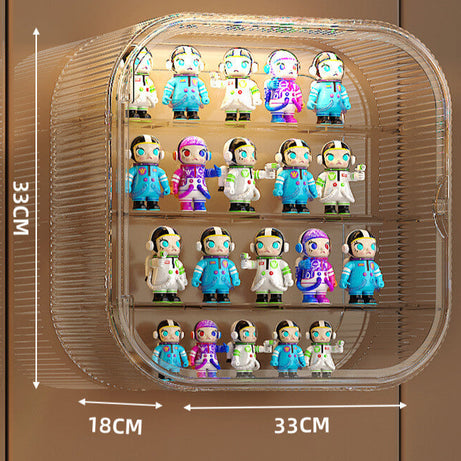 A transparent display box by FigPalace with three spacious tiers (Triple Layer), showcasing colorful astronaut figurines in a clean and organized fashion.