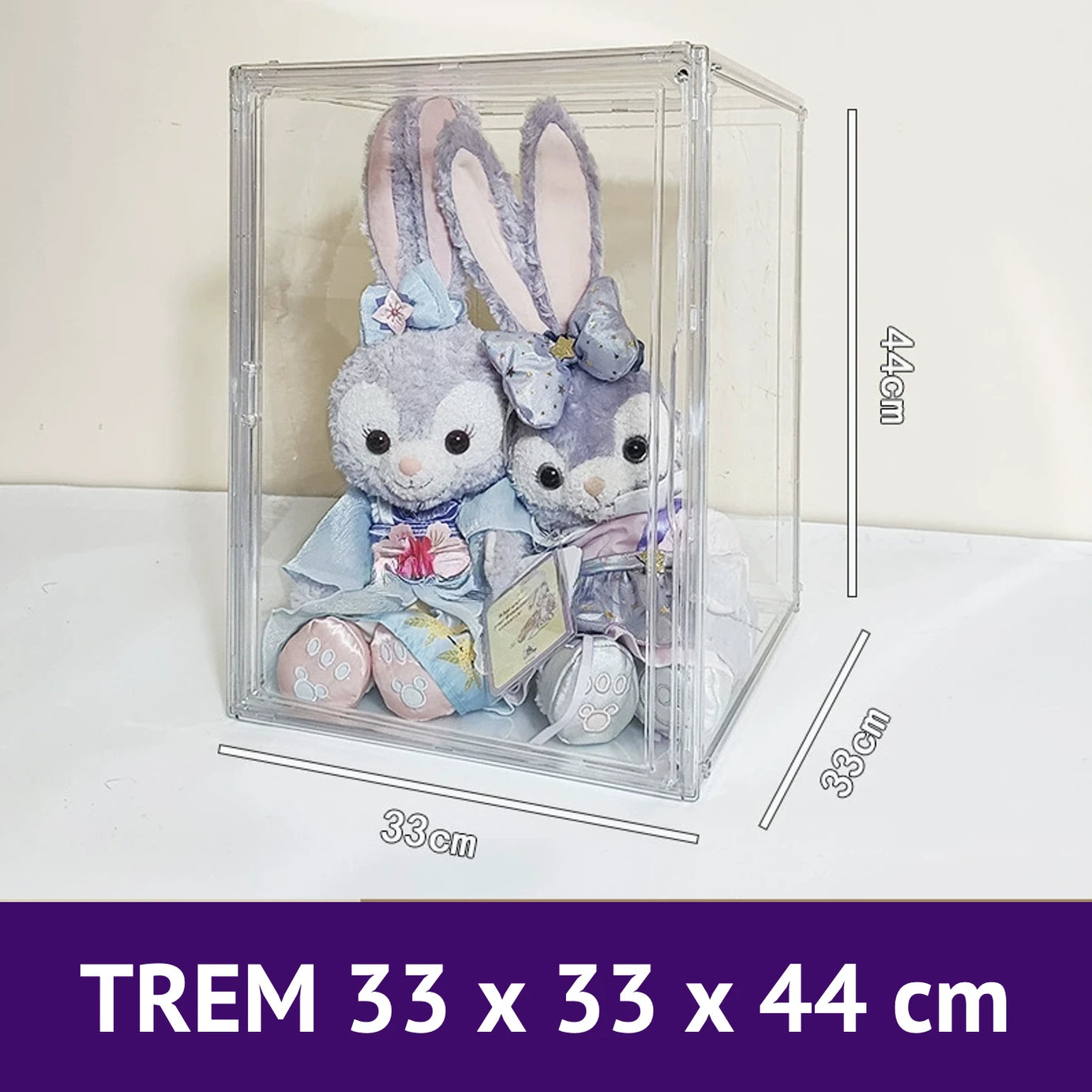 An image of a tremendous Clear Display Shelf with plush toys inside, with a size of 33 x 33 x 34 cm, by FigPalace.