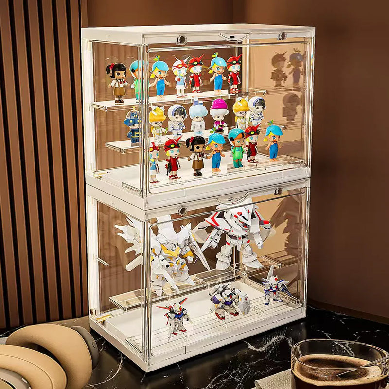 Two white acrylic display cases with built-in lights for organizing mini figures.