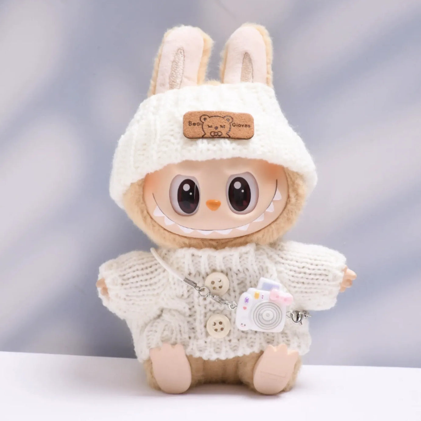 White button sweater with white bear wool hat and white camera for Labubu v2 (POP MART THE MONSTERS Have a Seat Series Vinyl Plush Toys)