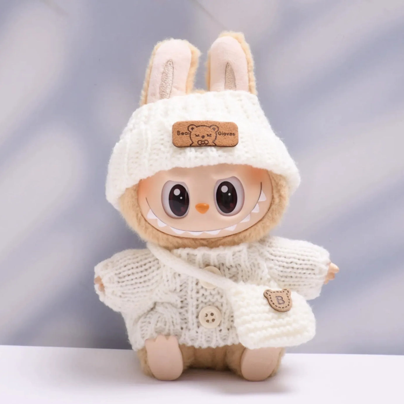 White button sweater with white bear wool hat and white crossbody bag for Labubu v2 (POP MART THE MONSTERS Have a Seat Series Vinyl Plush Toys)