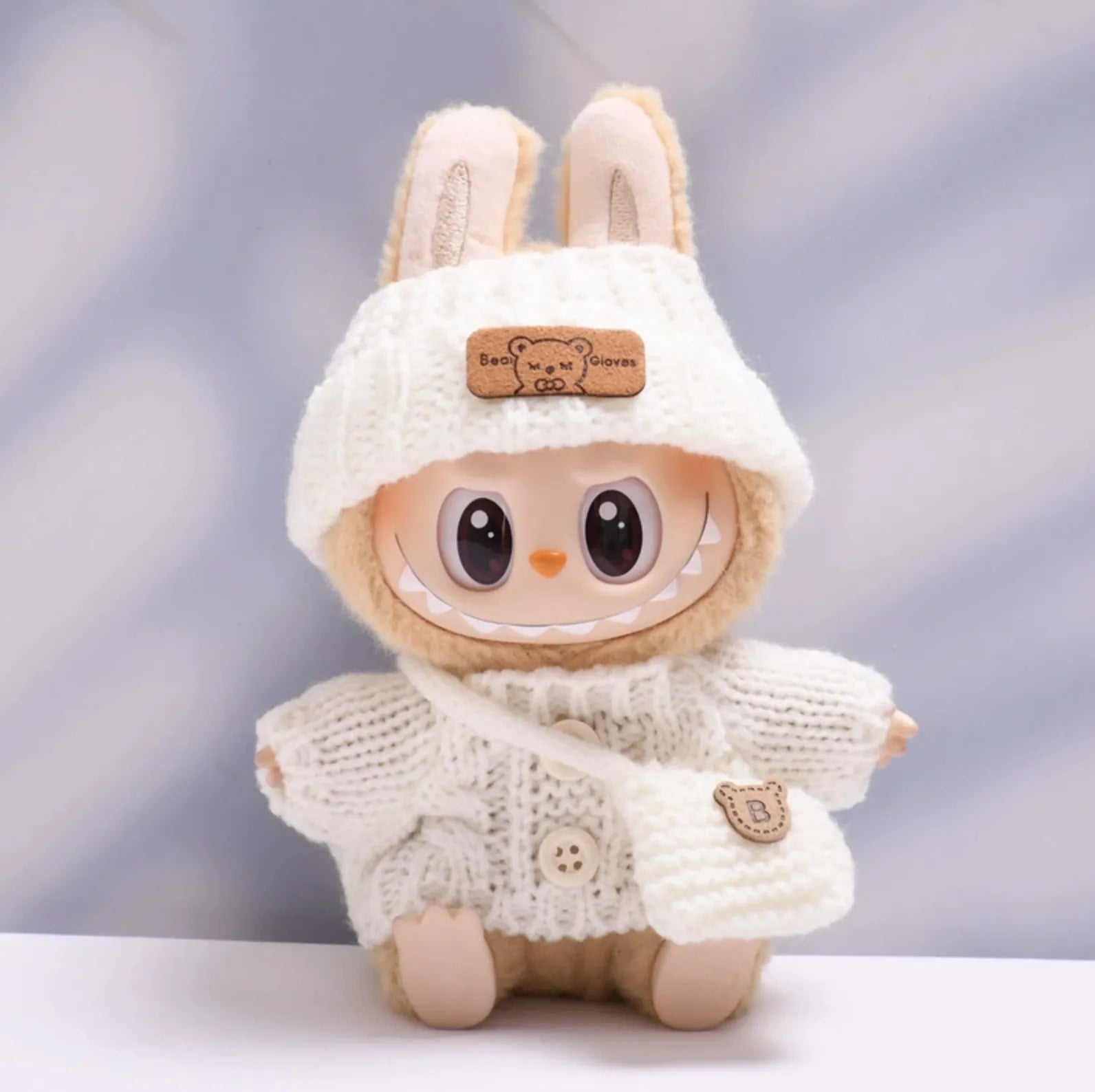 White button sweater with white bear wool hat and white crossbody bag for Labubu v2 (POP MART THE MONSTERS Have a Seat Series Vinyl Plush Toys)