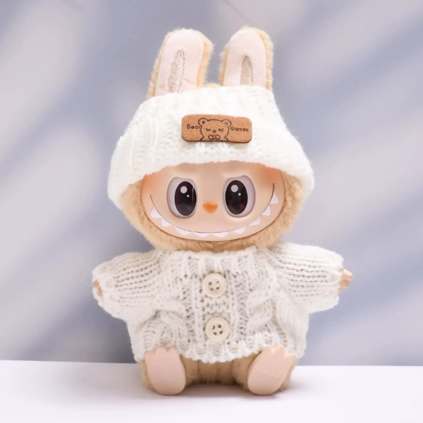 White button sweater with white bear wool hat for Labubu v2 (POP MART THE MONSTERS Have a Seat Series Vinyl Plush Toys)