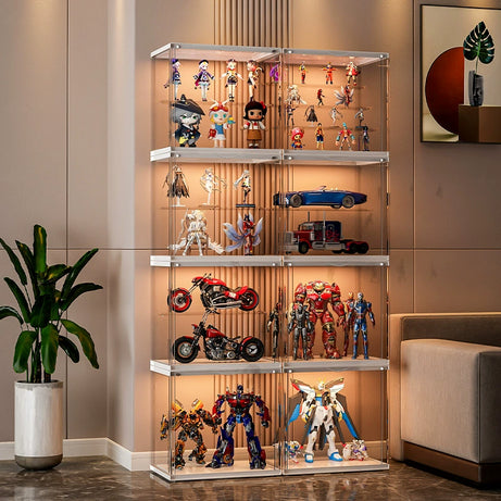 Eight white display shelves stacked together with figures and models placed inside.