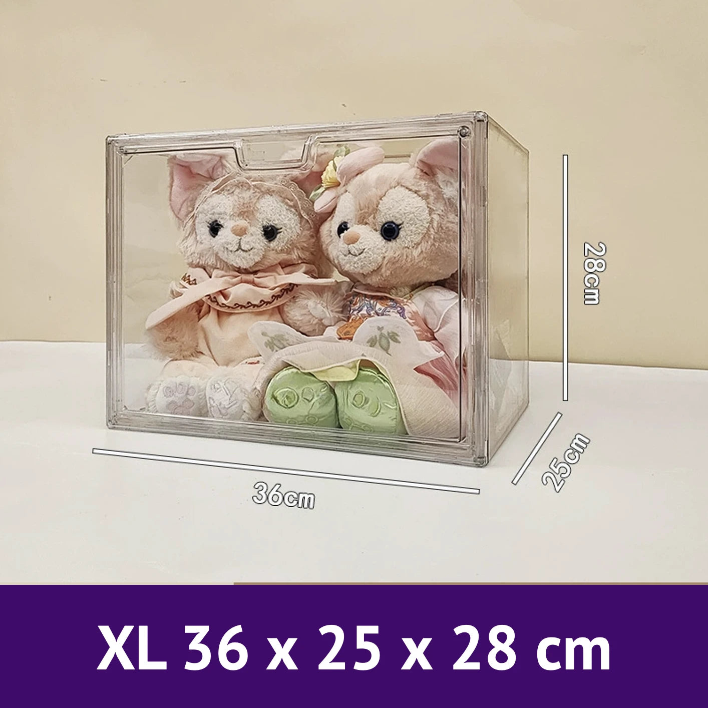 An image of a x-large Clear Display Shelf with plush toys inside, with a size of 36 x 25 x 28 cm, by FigPalace.