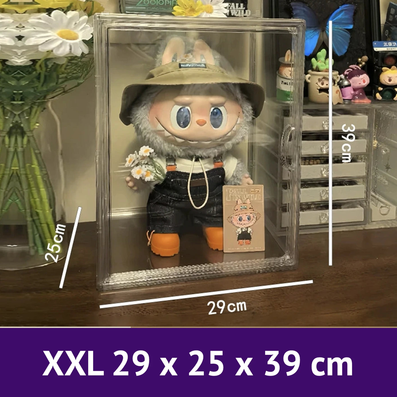 An image of a xx-large Clear Display Shelf with labubu fall in wild inside, with a size of 29 x 25 x 39 cm, by FigPalace.
