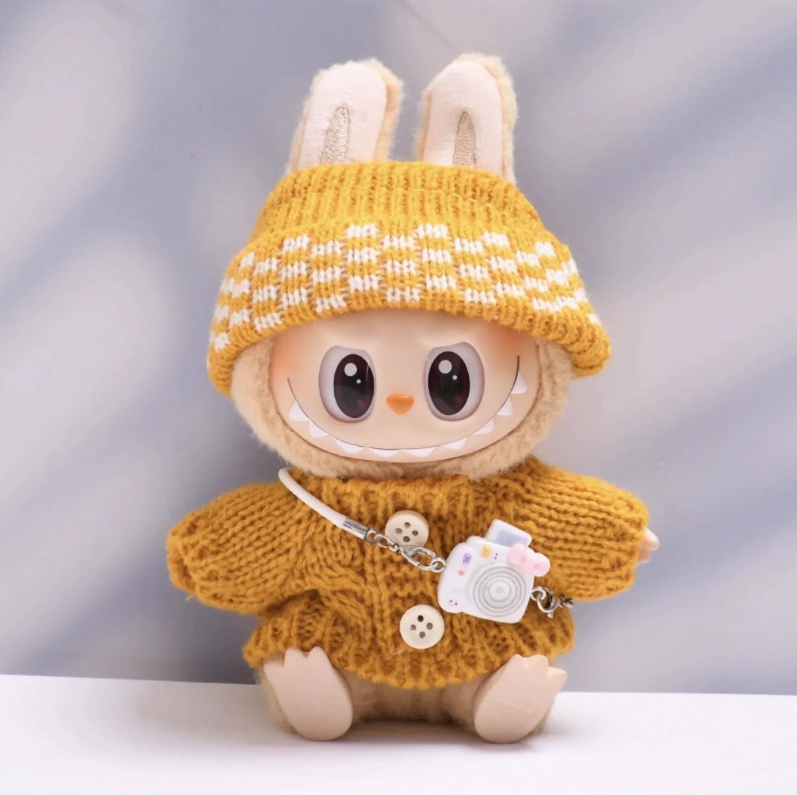Yellow button sweater with yellow dotted wool hat and white camera for Labubu v2 (POP MART THE MONSTERS Have a Seat Series Vinyl Plush Toys)