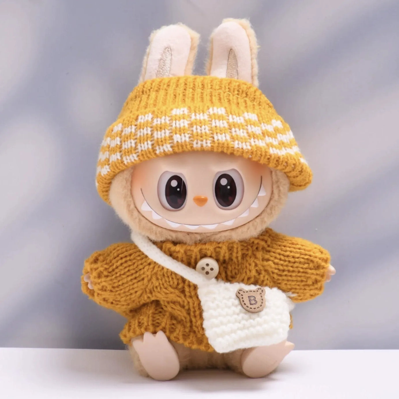Yellow button sweater with yellow dotted wool hat and white crossbody bag for Labubu v2 (POP MART THE MONSTERS Have a Seat Series Vinyl Plush Toys)