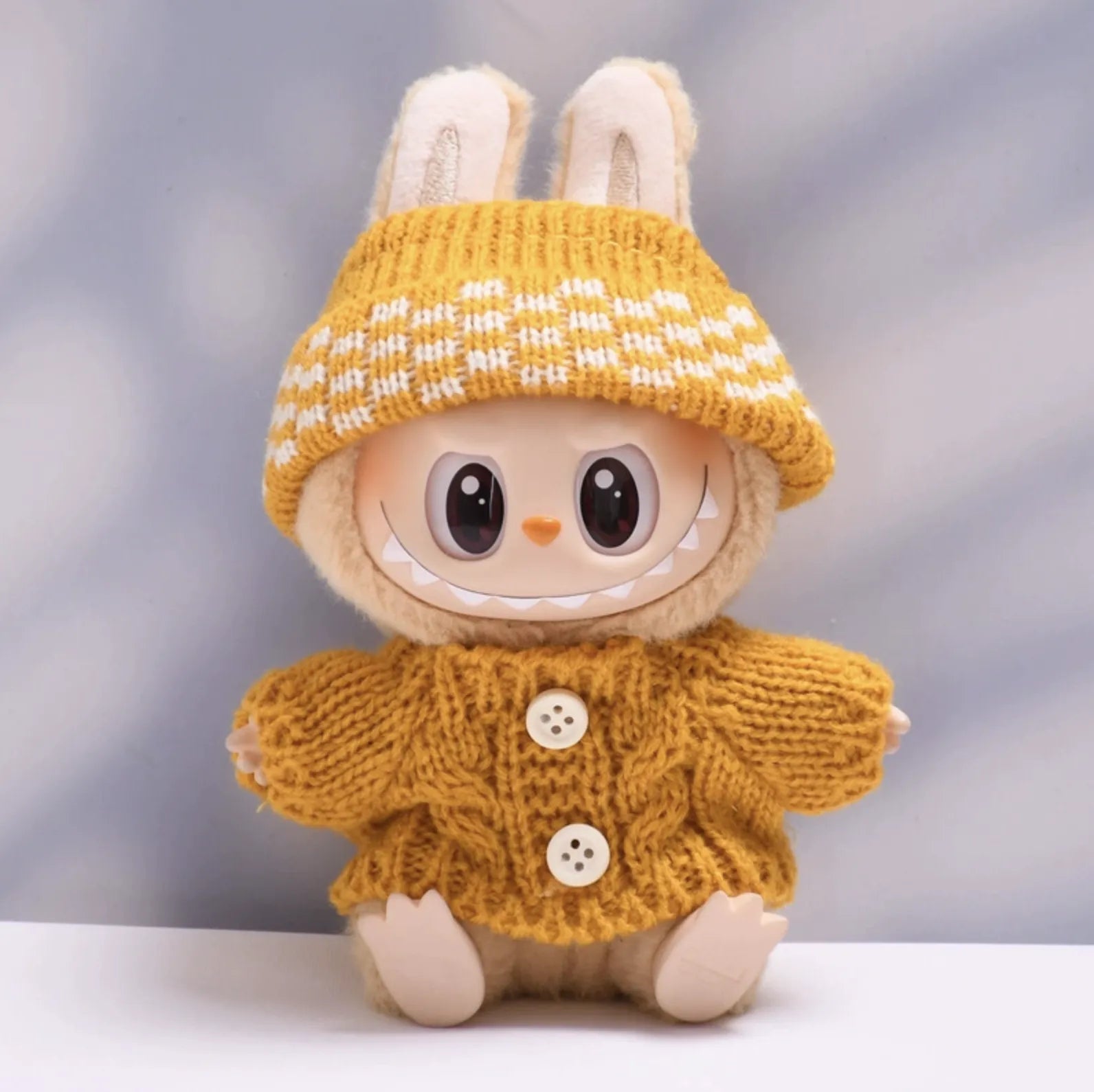 Yellow button sweater with yellow dotted wool hat for Labubu v2 (POP MART THE MONSTERS Have a Seat Series Vinyl Plush Toys)
