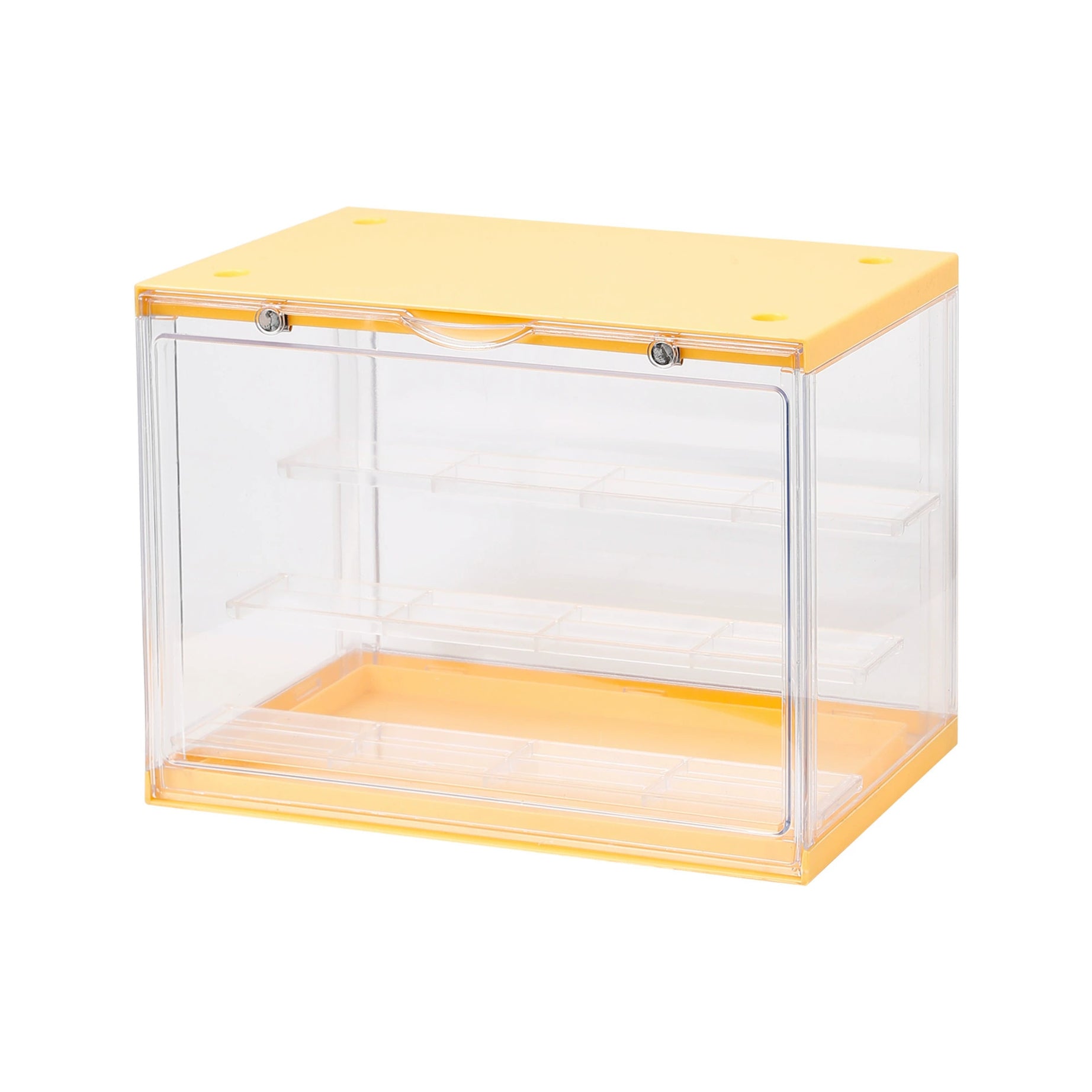 Yellow display shelf from Fig Palace, perfect for figure display, with tiered and stackable designs. 