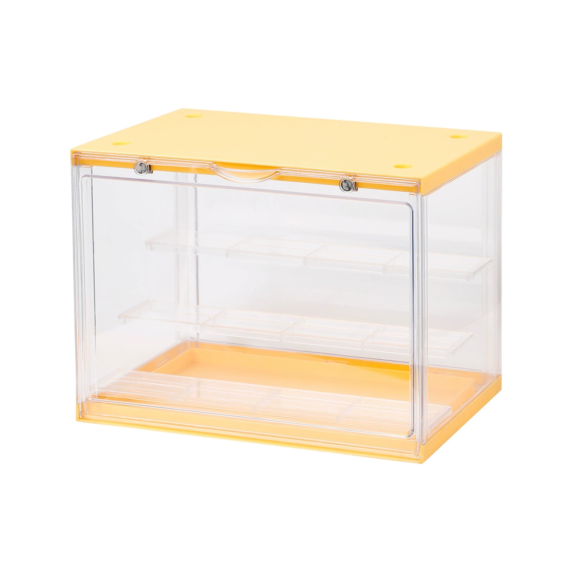 Yellow display shelf from Fig Palace, perfect for figure display, with tiered and stackable designs. 